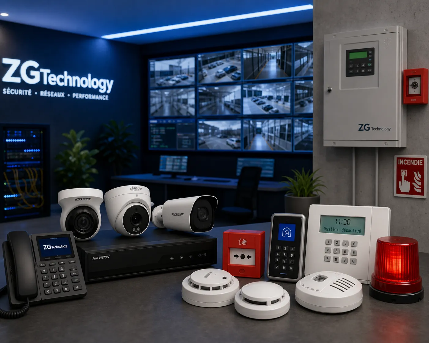 غرفة تحكم أمنية احترافية تعرض أنظمة مراقبة وسلامة متكاملة، تشمل شاشات مراقبة CCTV، معدات كشف الحرائق، لوحات الإنذار وأجهزة أمن الشبكات، مما يمثل حلاً متكاملاً للبنية الأمنية للشركات في المغرب
